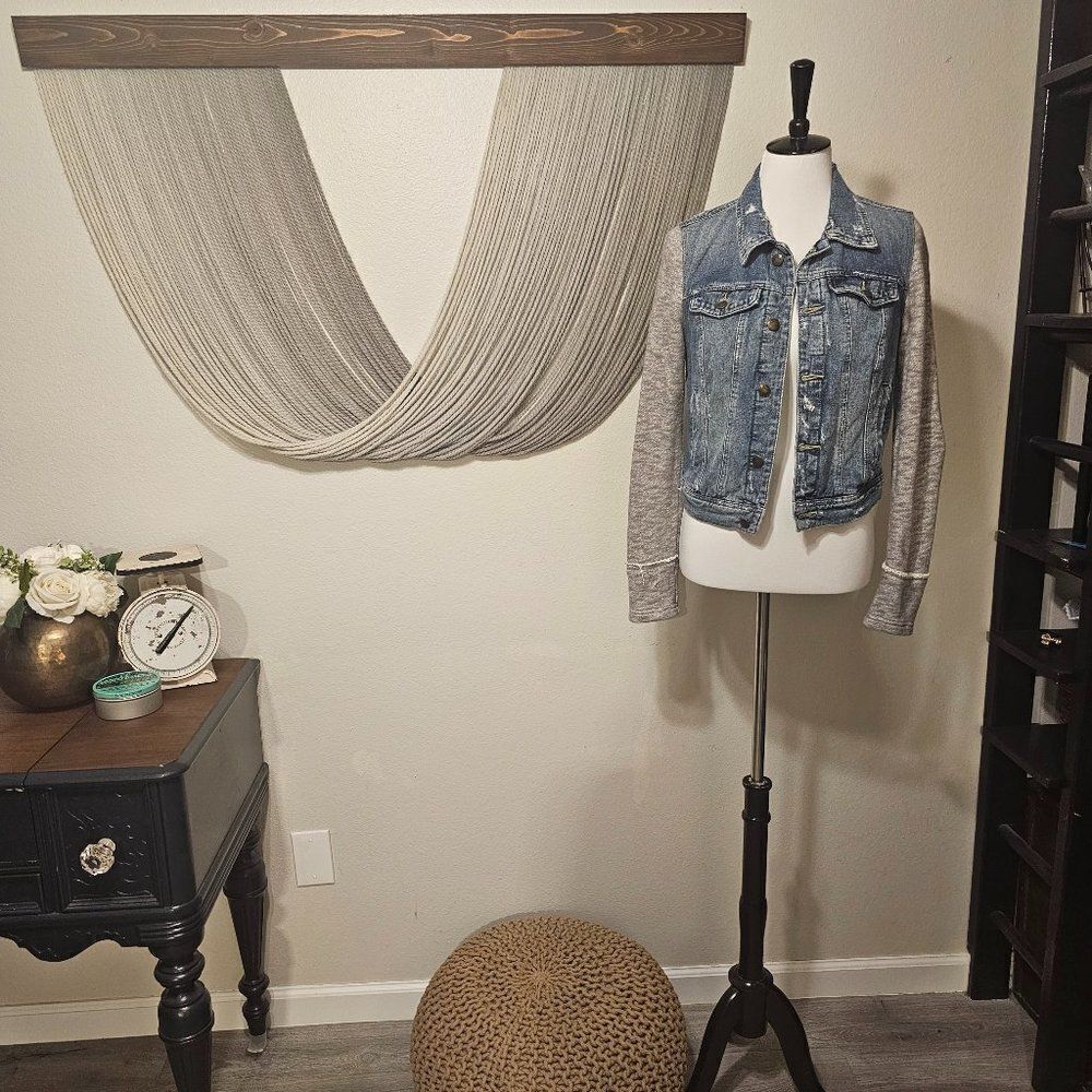 Free People Distressed Denim Jacket w/ Jersey Sleeves Sz S